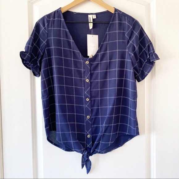 NWOT LARA navy plaid front tie blouse - Picture 3 of 7